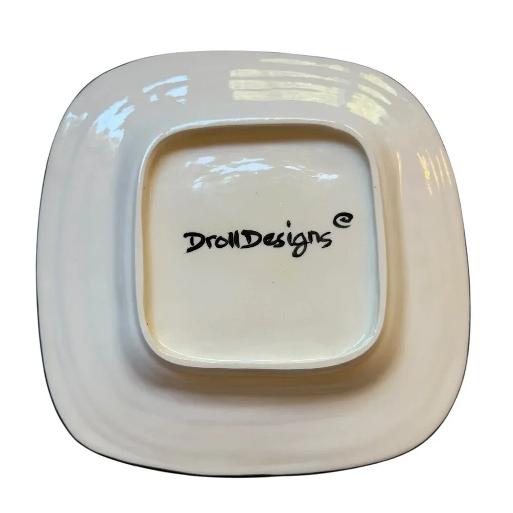 Droll Designs Hand Painted Ceramic Square Bowl‎ Pink Roses Yellow Lemons 11.5
